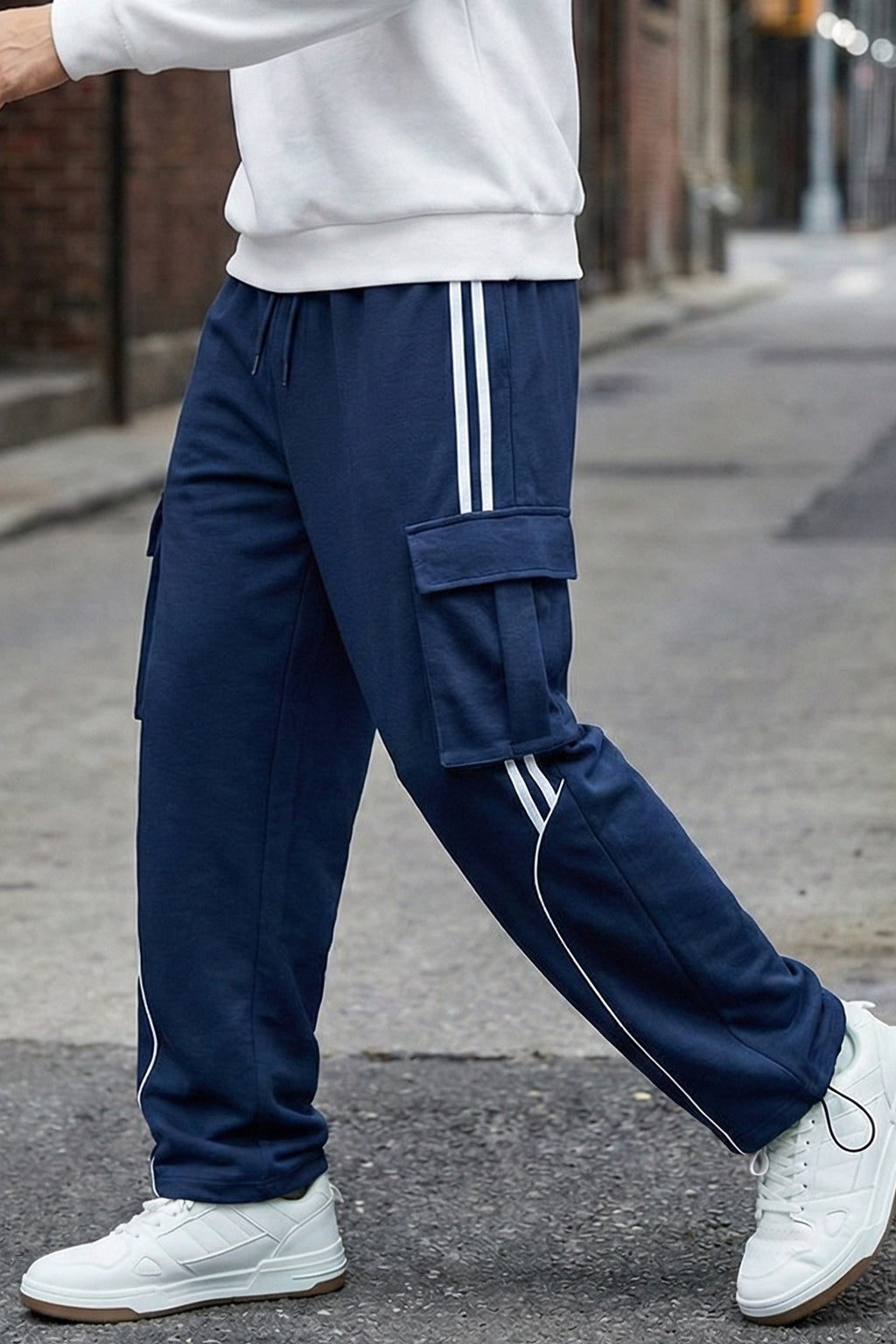 Navy and White Side Stripe Knitted Cargo