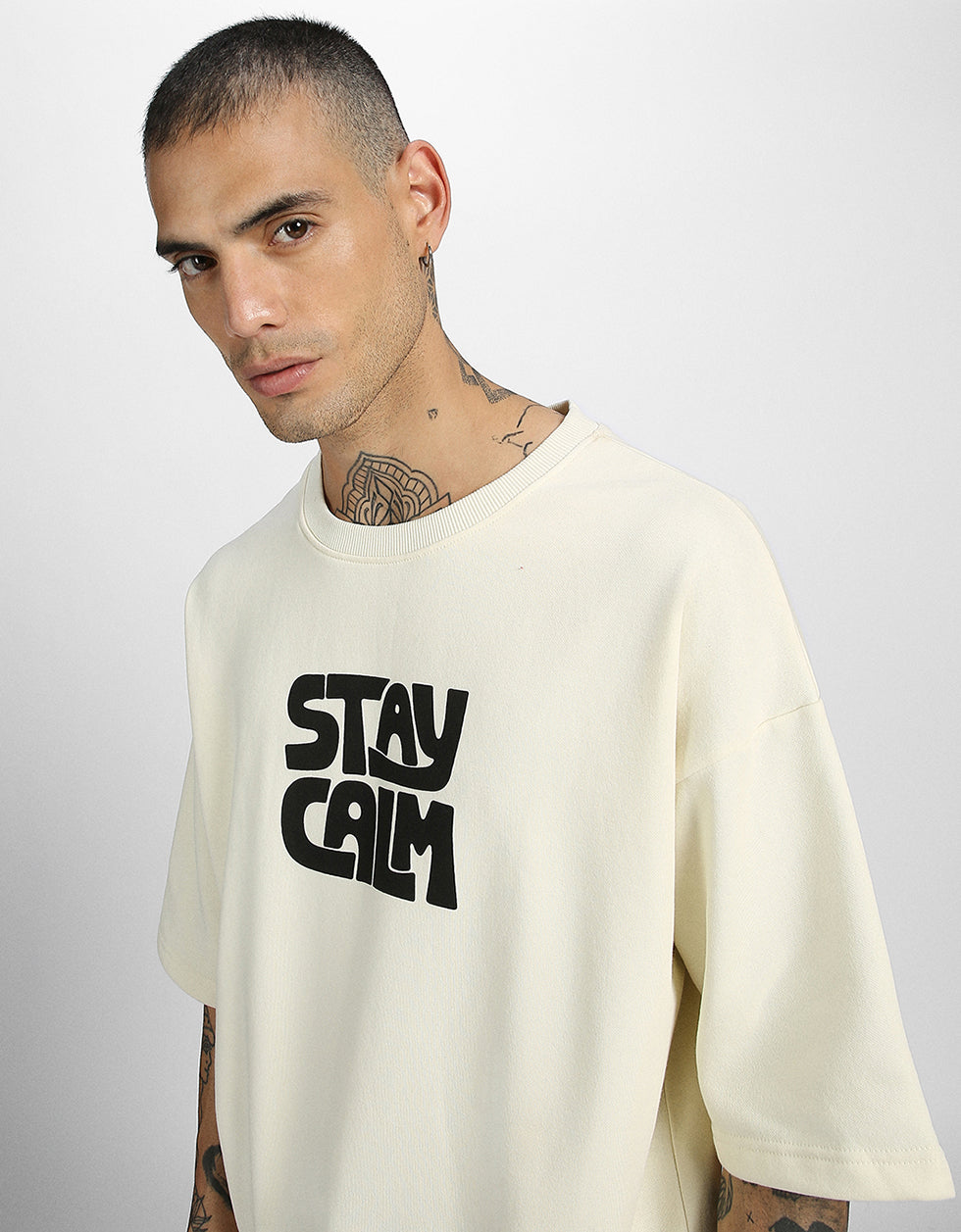 Calm Vibes: Stay Calm Print Beige Half Sleeve Sweatshirt Veirdo