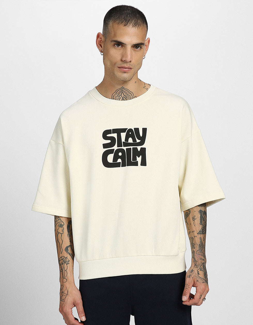 Calm Vibes: Stay Calm Print Beige Half Sleeve Sweatshirt Veirdo