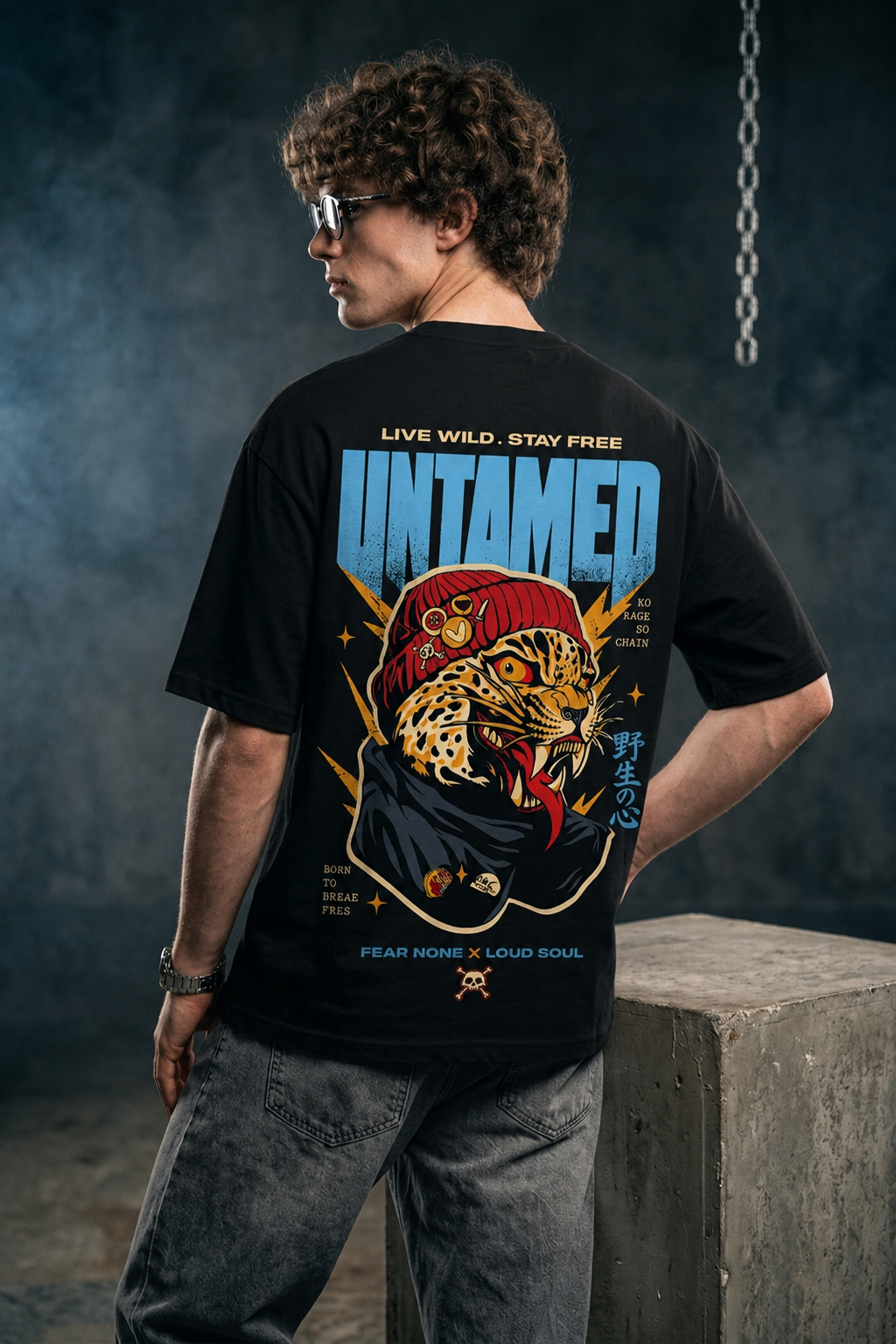 Untamed Black Oversized Printed T-shirt