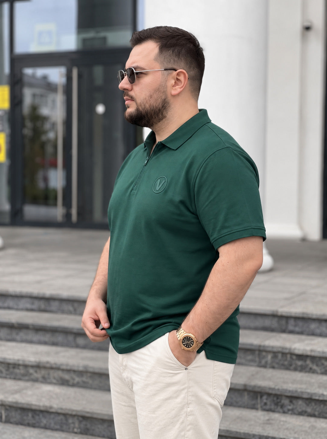 Green Interlock Plain Plus Size Zipper Polo T-shirt