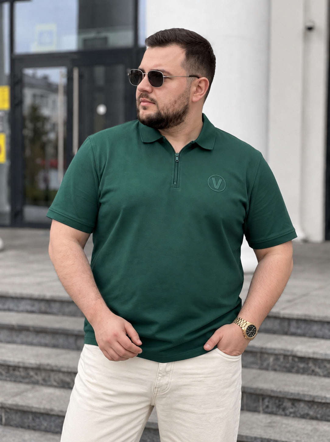 Green Interlock Plain Plus Size Zipper Polo T-shirt