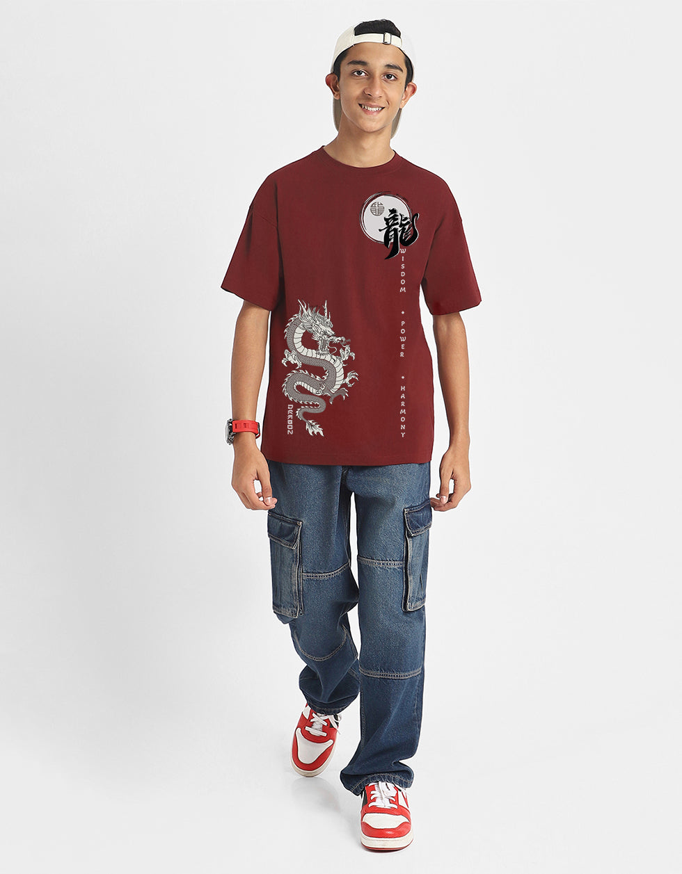 Dragon Maroon Oversized Graphic Front Printed Boys T-shirt