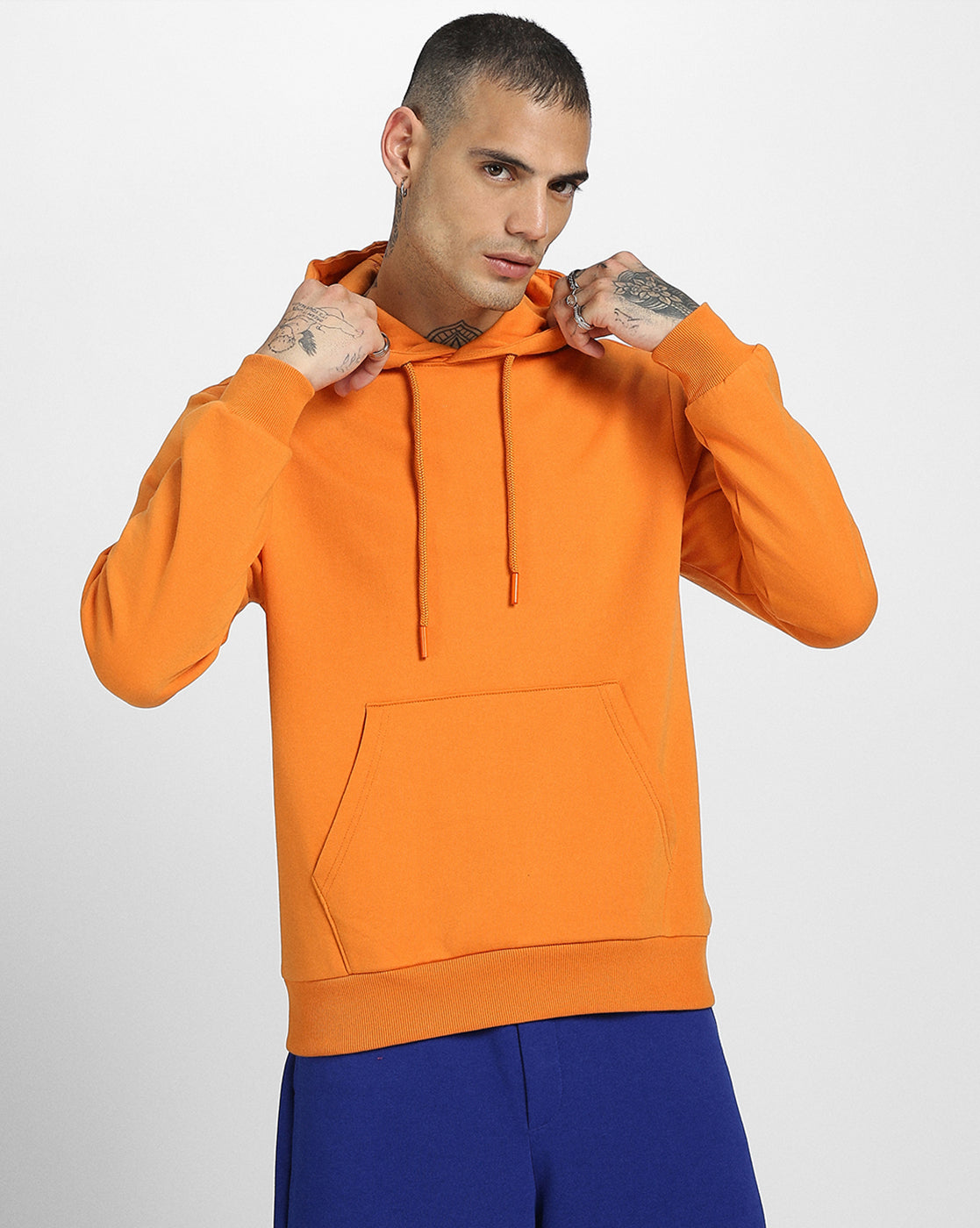 Everyday Orange Elegance: Men's Solid Fleece Pullover Veirdo