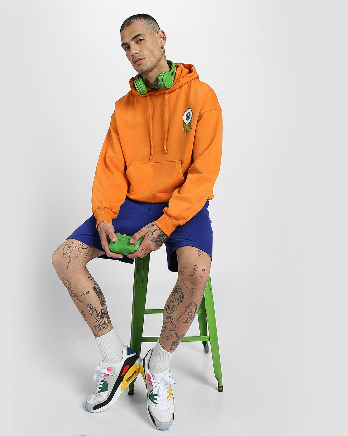 Eyes on Style: Men's Orange Hoodie with Eye Print Veirdo
