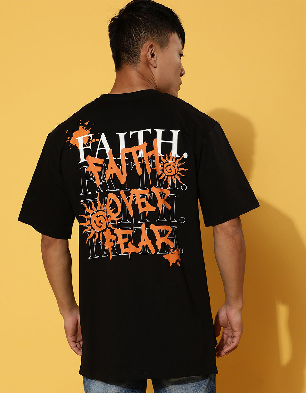 Faith Over Fear Printed Black Oversized T-Shirt Veirdo