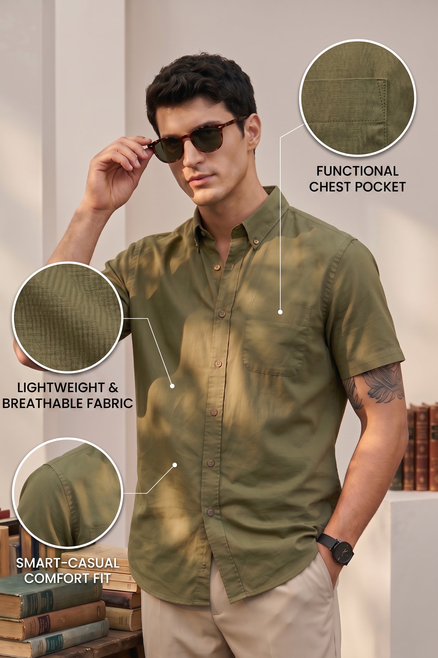 Olive Plain Regular Fit Half Sleeve Single Pocket Exclusive Shirt