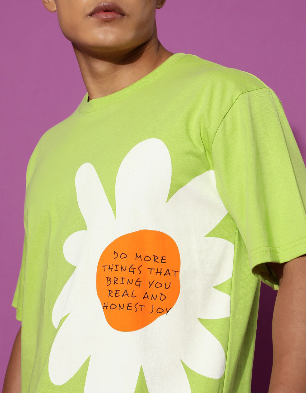 Graphical Flower Printed Lime Green Oversized T-Shirt Veirdo