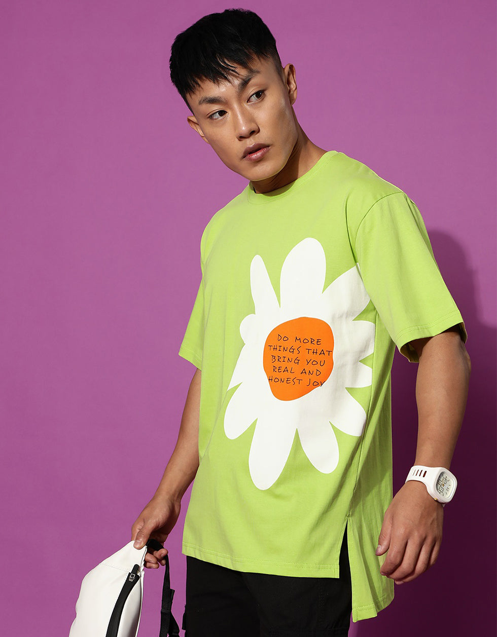 Graphical Flower Printed Lime Green Oversized T-Shirt Veirdo