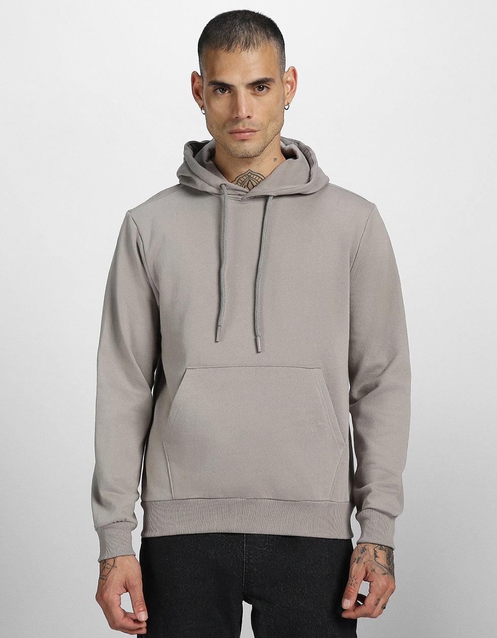 Grey Elegance: Solid Men's Fleece Hooded Hoodie Veirdo
