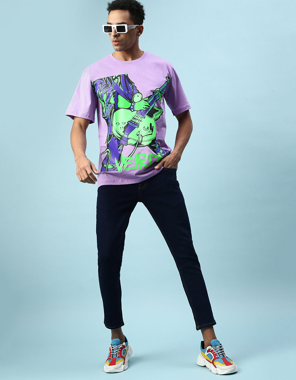 Guitarist Oversized Lilac Printed Men's T-Shirt Veirdo