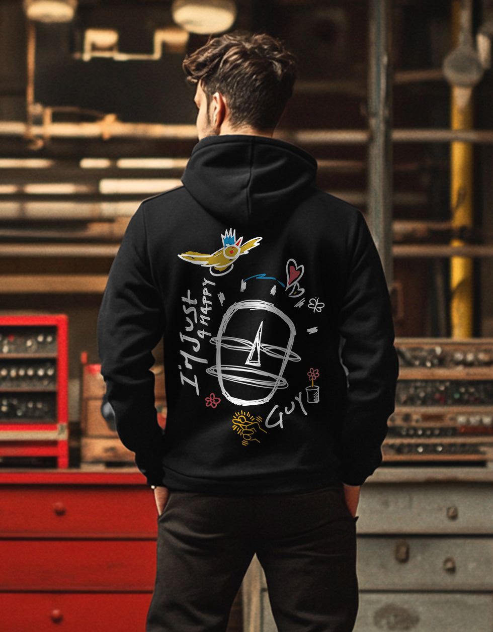 Happy Guy Black Regular Fit Back Printed Hoodie