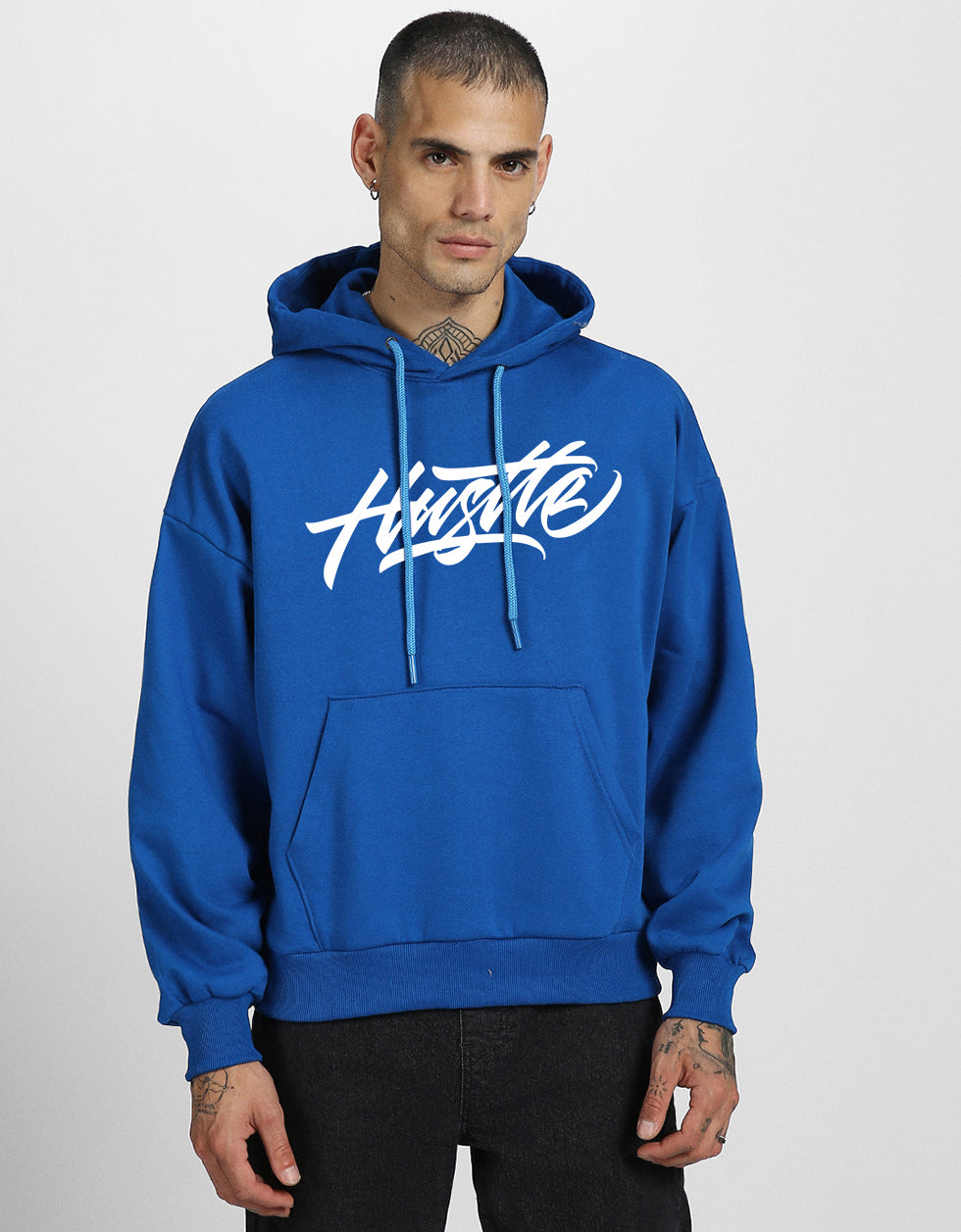 Hustle in Blue: Men's Hooded Neck Hoodie Veirdo