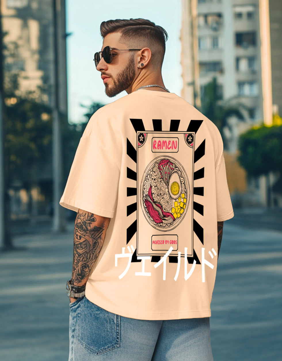 RAMEN Beige Oversized Back Graphic Printed Tshirt