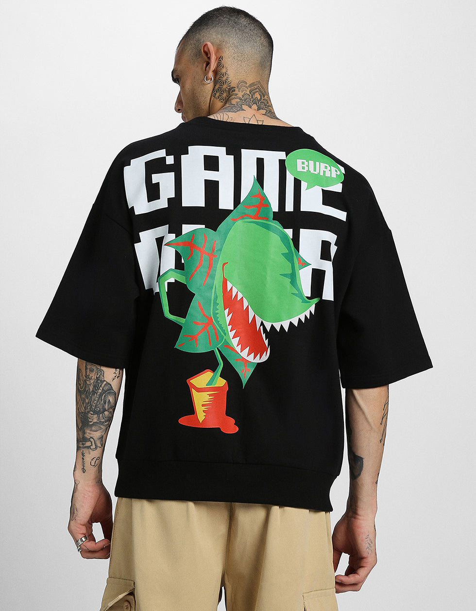 Modern Gaming Chic: Black Game Over Print Half Sleeve Sweatshirt Veirdo
