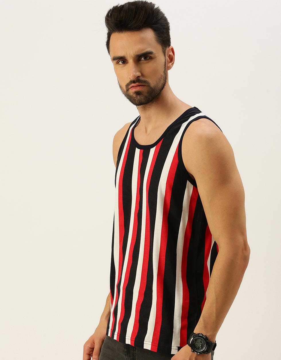 Nautical Stripes Round Neck Printed Gym Men's Vest Veirdo
