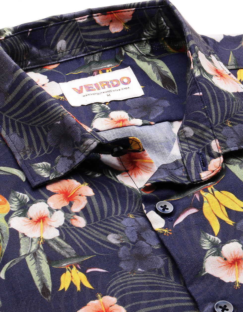 Navy Floral Printed Casual Shirt Veirdo