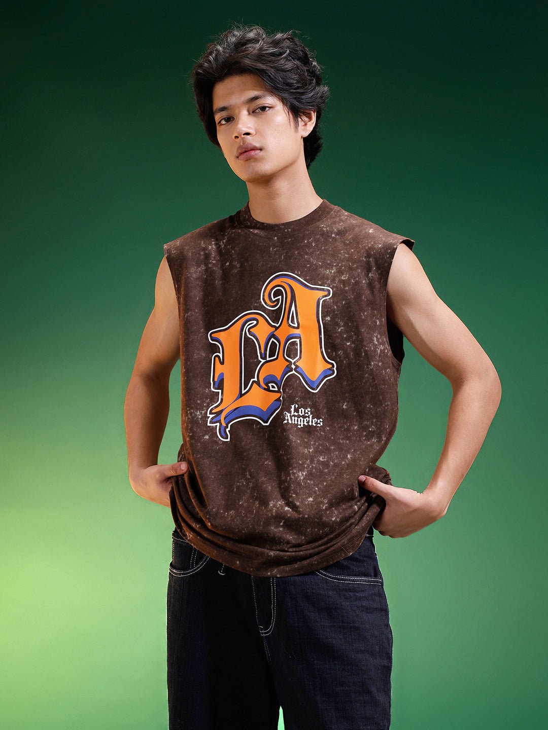 LA Brown Oversized Printed Acid Wash Vest
