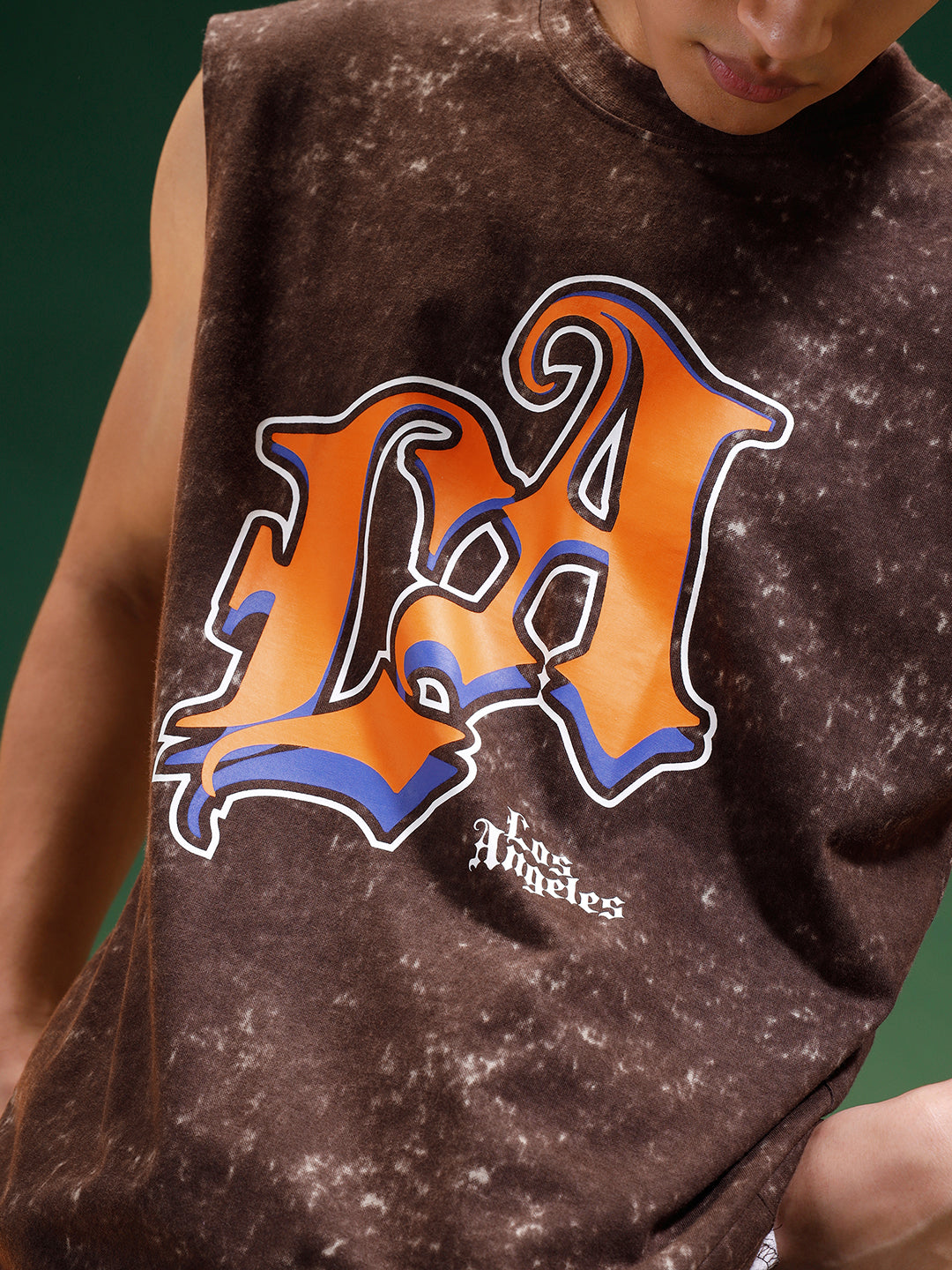 LA Brown Oversized Printed Acid Wash Vest