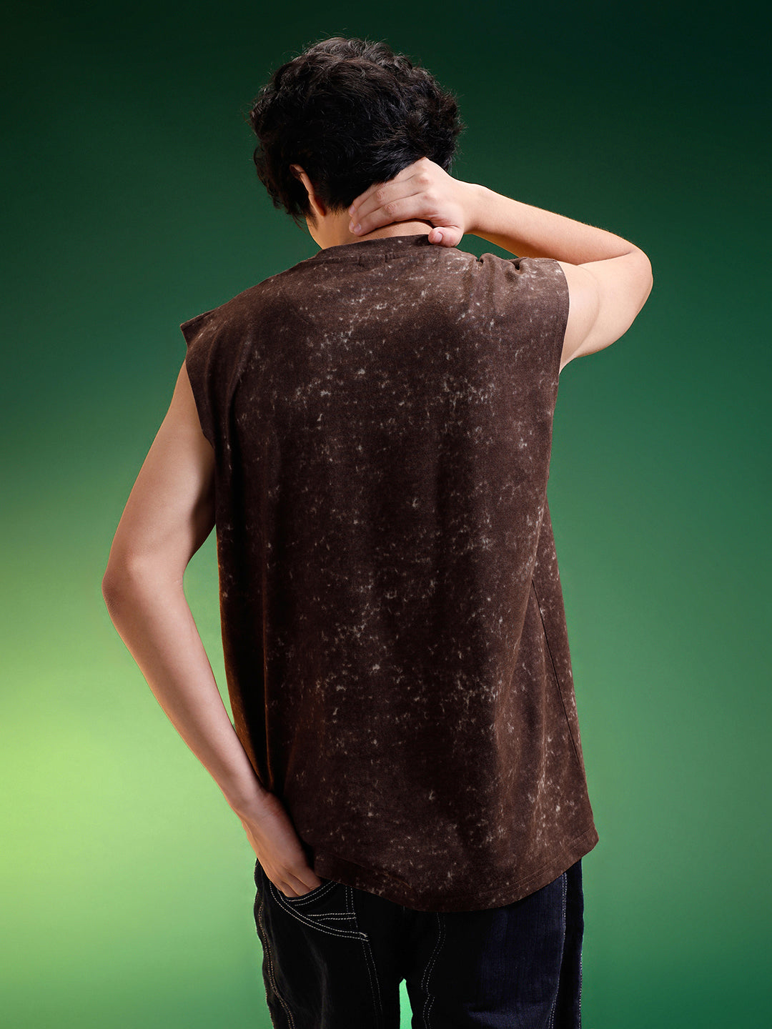 LA Brown Oversized Printed Acid Wash Vest