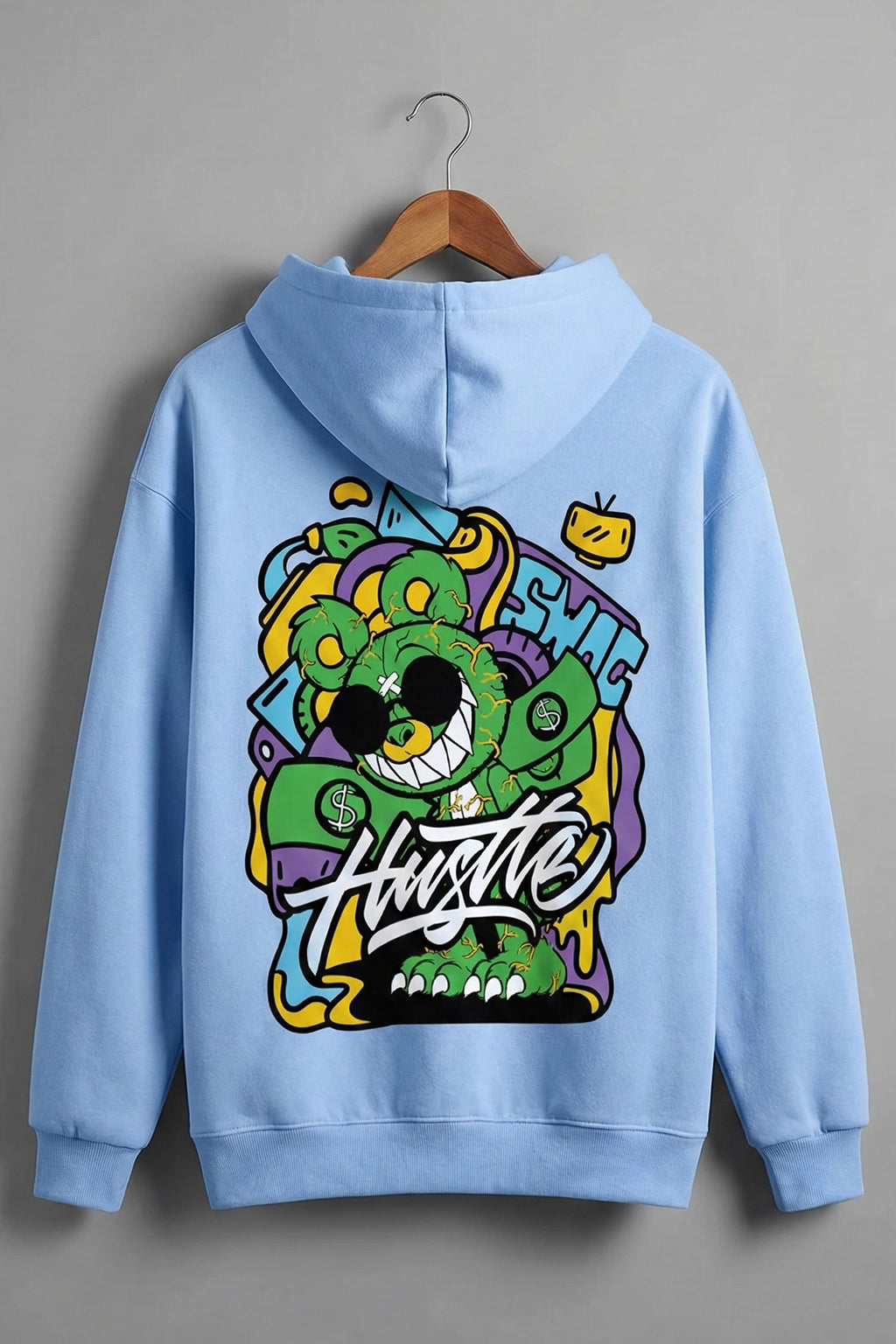 Hustle Sky Blue Oversized Back Graphic Printed Hoodie