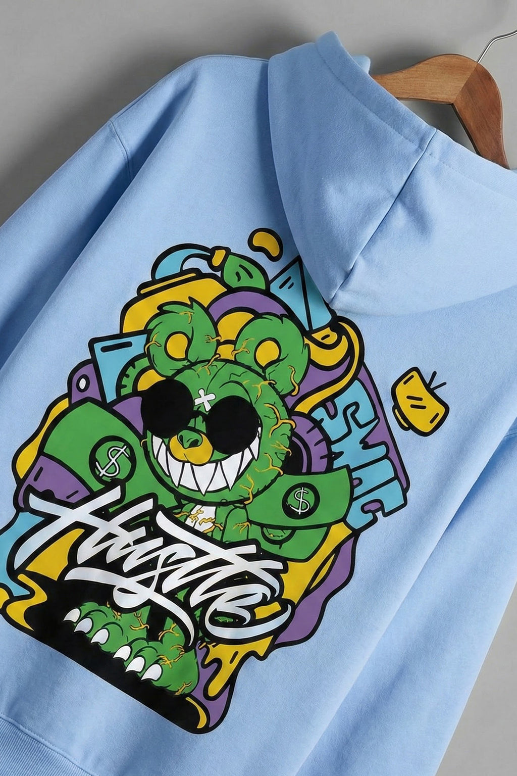 Hustle Sky Blue Oversized Back Graphic Printed Hoodie
