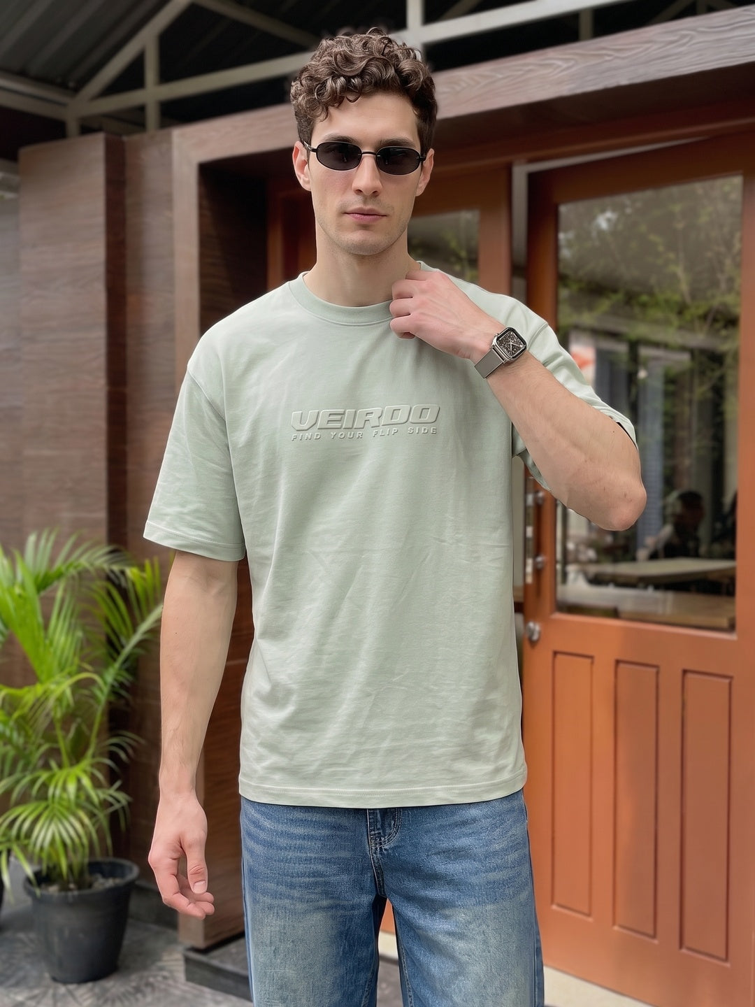 Veirdo Fogg Green Embossed Oversized Plain T-Shirt