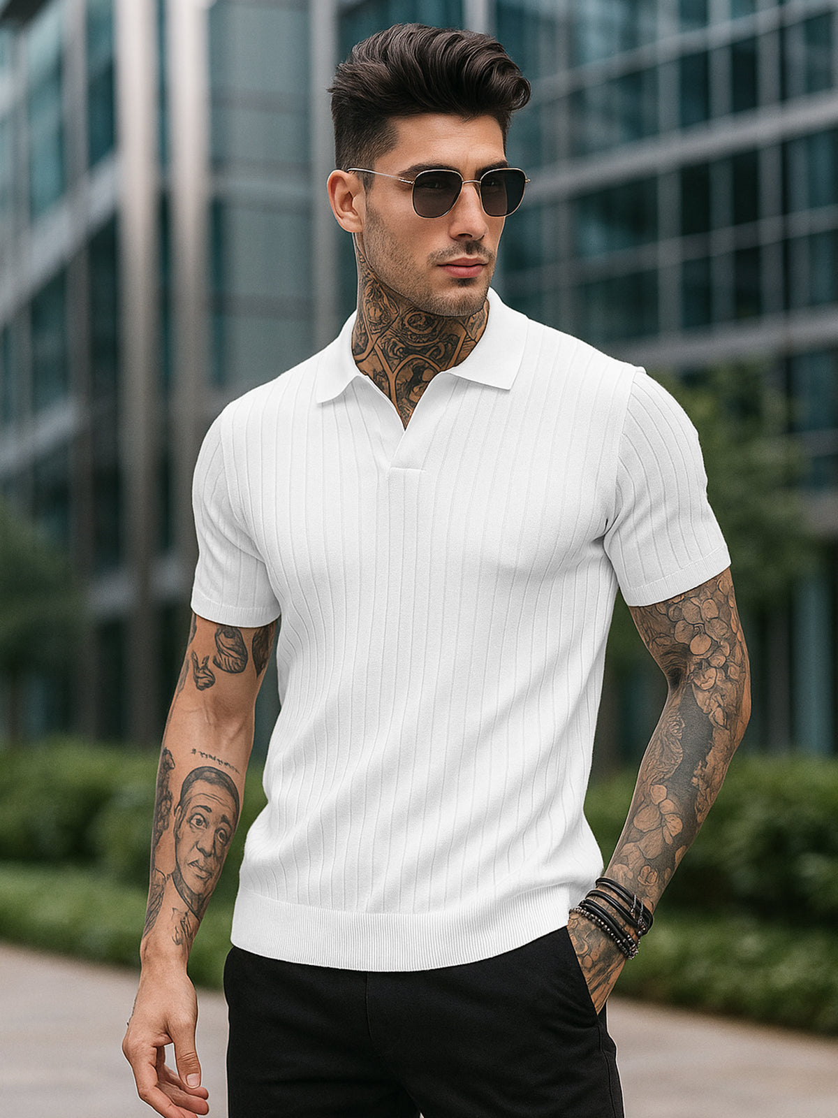 White Ribbed Flatknit Textured Regular Fit Exclusive Polo T-Shirt