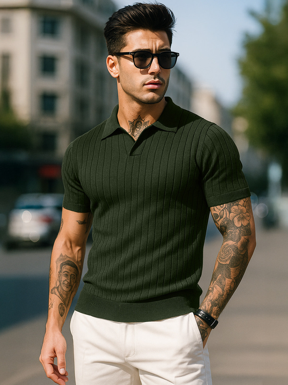 Olive Ribbed Flatknit Textured Regular Fit Exclusive Polo T-Shirt