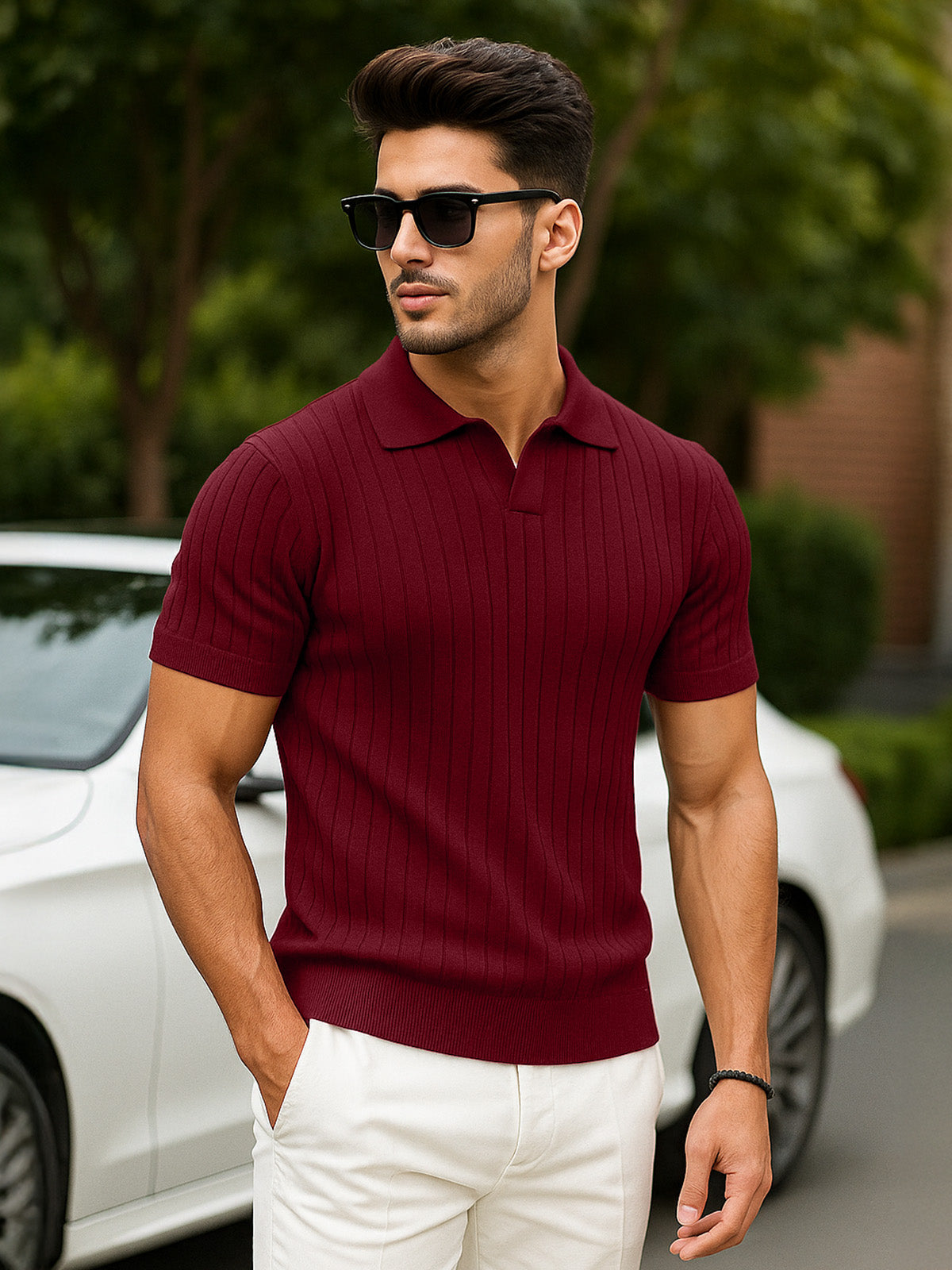 Wine Ribbed Flatknit Textured Regular Fit Exclusive Polo T-Shirt