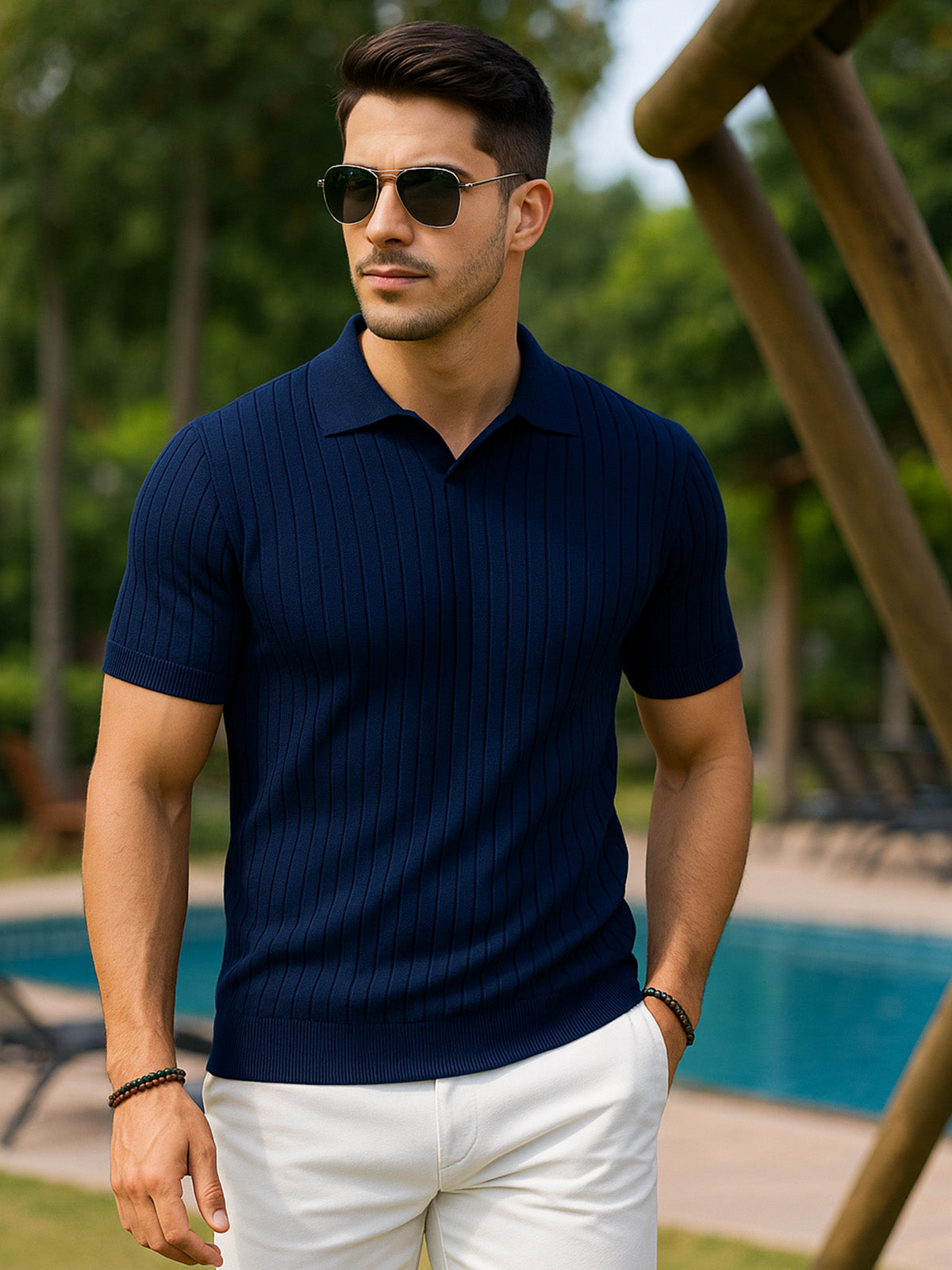 Navy Ribbed Flatknit Textured Regular Fit Exclusive Polo T-Shirt