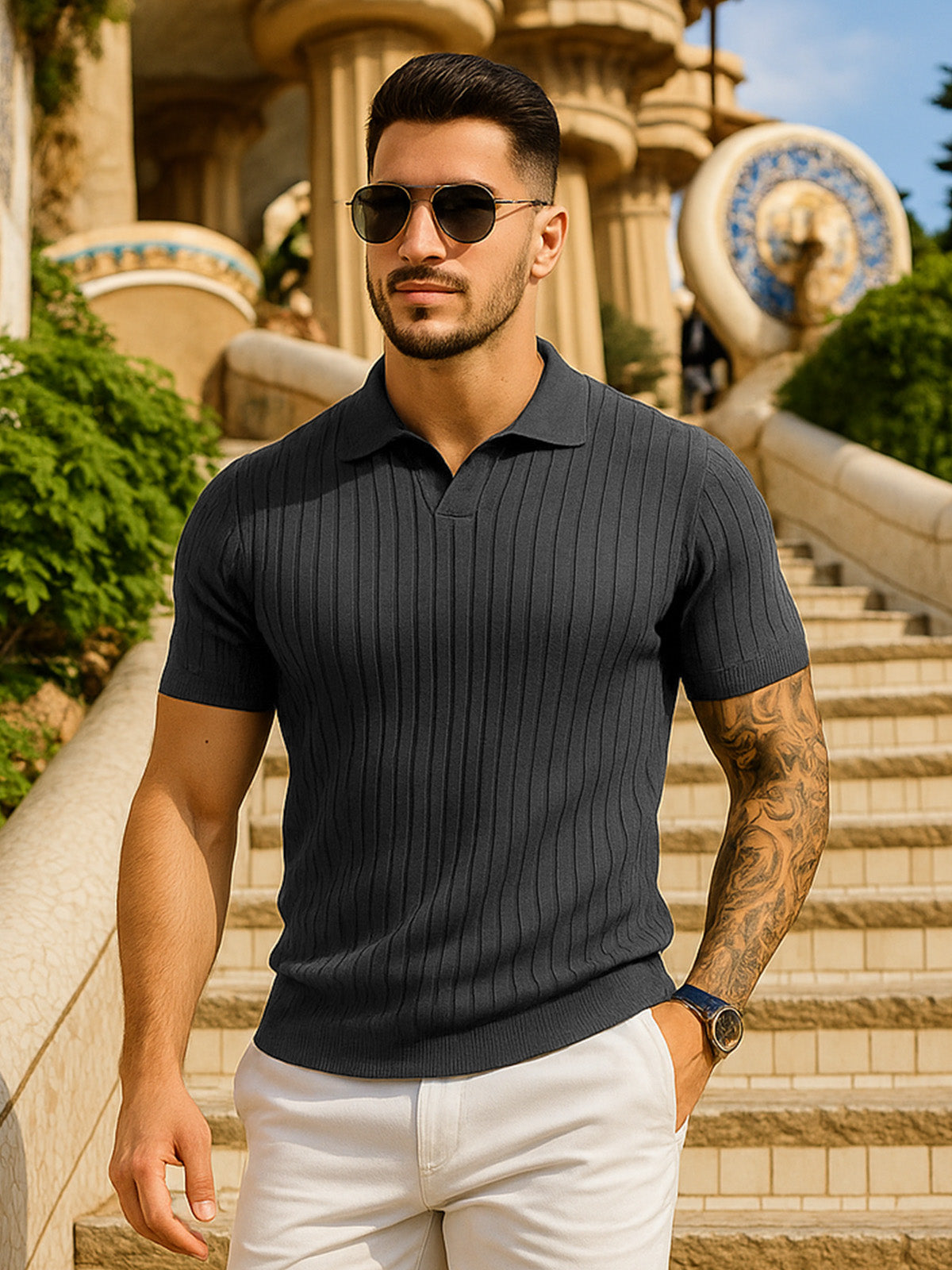Grey Ribbed Flatknit Textured Regular Fit Exclusive Polo T-Shirt