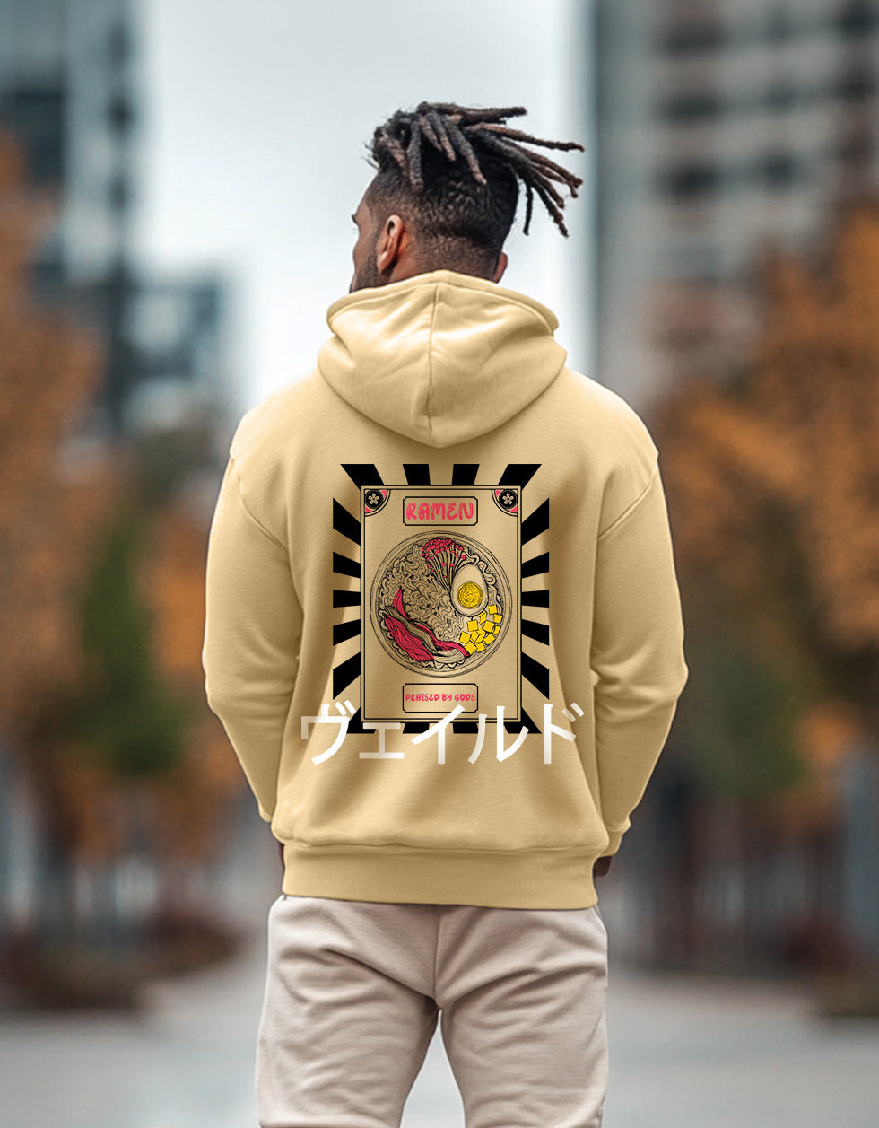 Ramen Beige Regular Fit Back Printed Hoodie