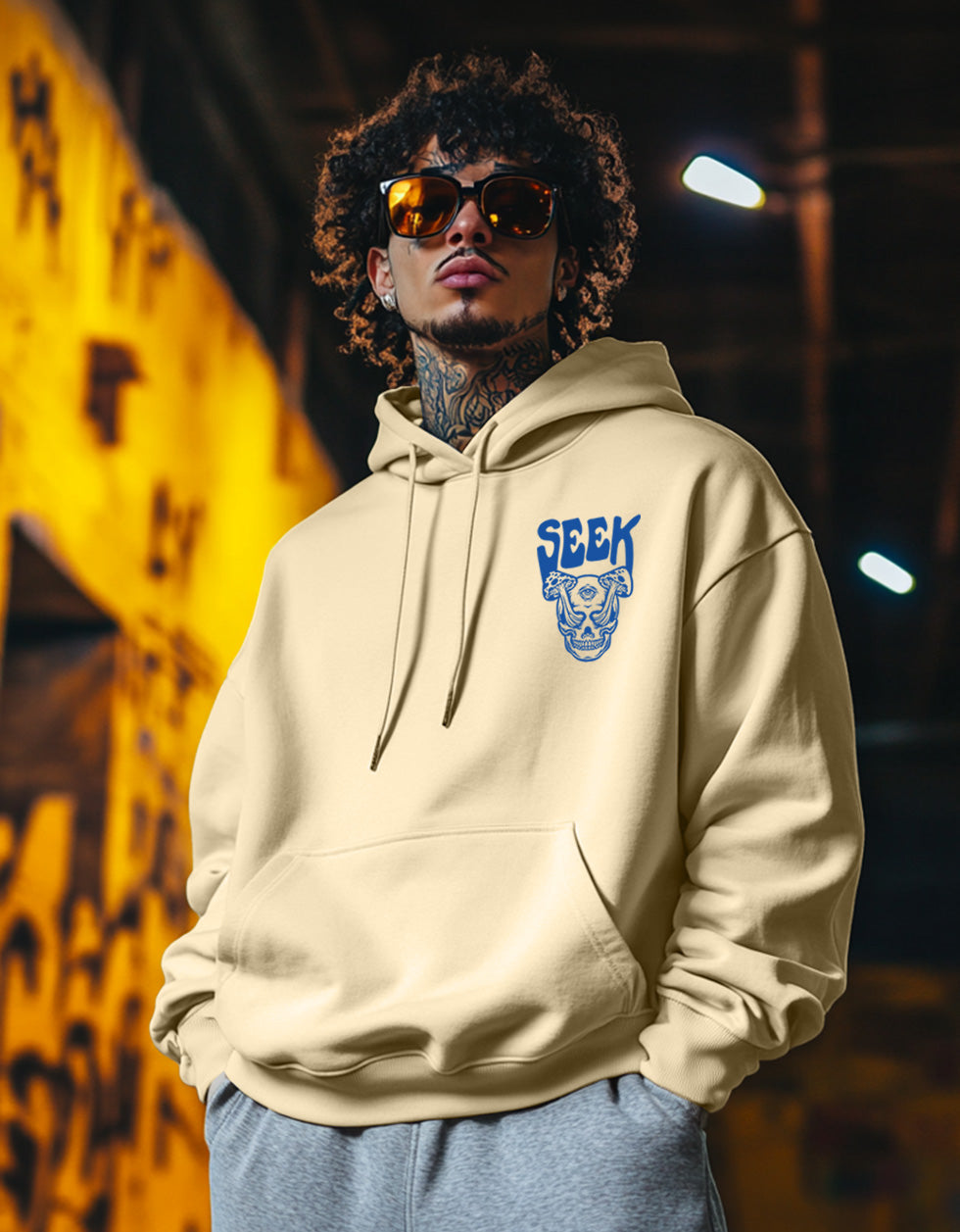 Seek Beige Oversized Pocket Graphic Printed Hoodie