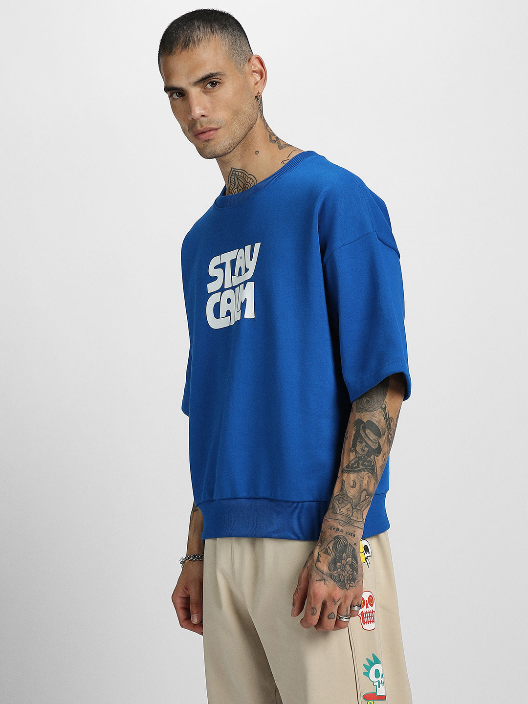 Stay Calm Blue Half Sleeve Printed Sweatshirt Veirdo