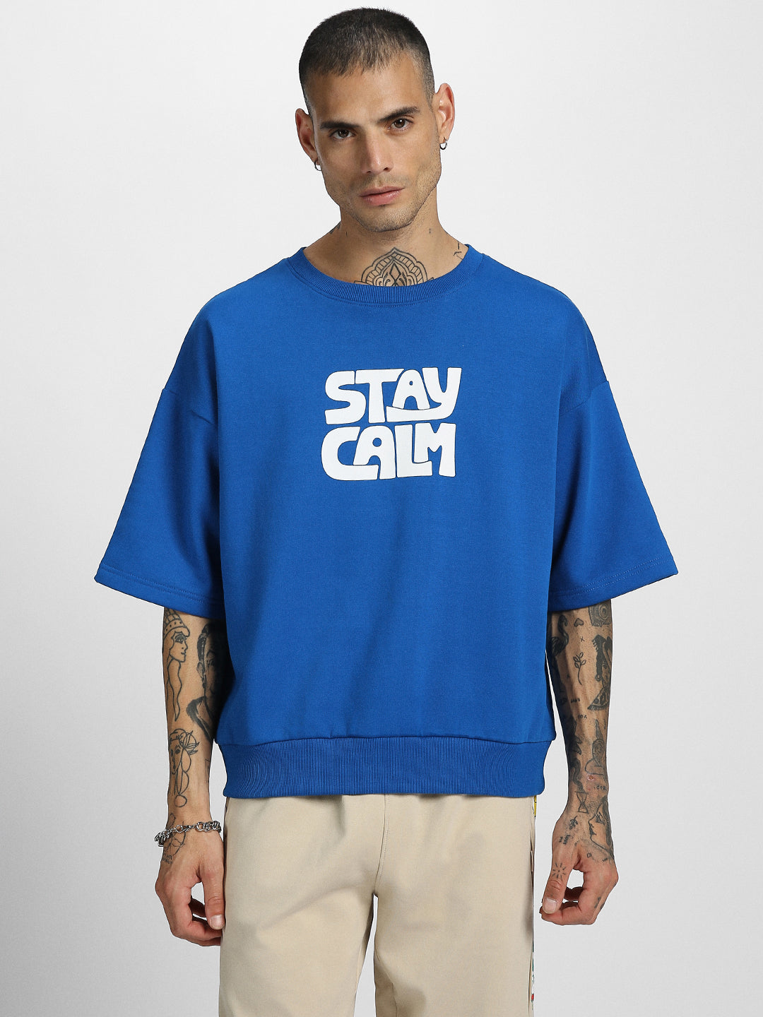 Stay Calm Blue Half Sleeve Printed Sweatshirt Veirdo