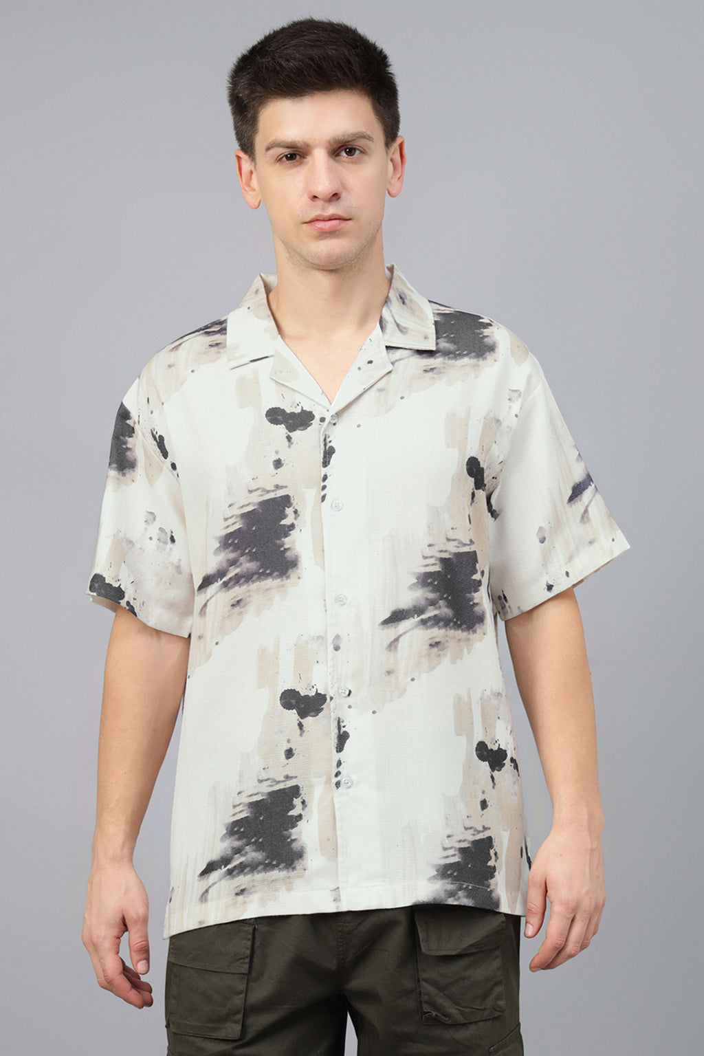 Beige Camp Collar Printed Oversized Exclusive Shirt