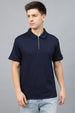Navy Textured Plain Regular Fit Zipper Polo Exclusive T-shirt