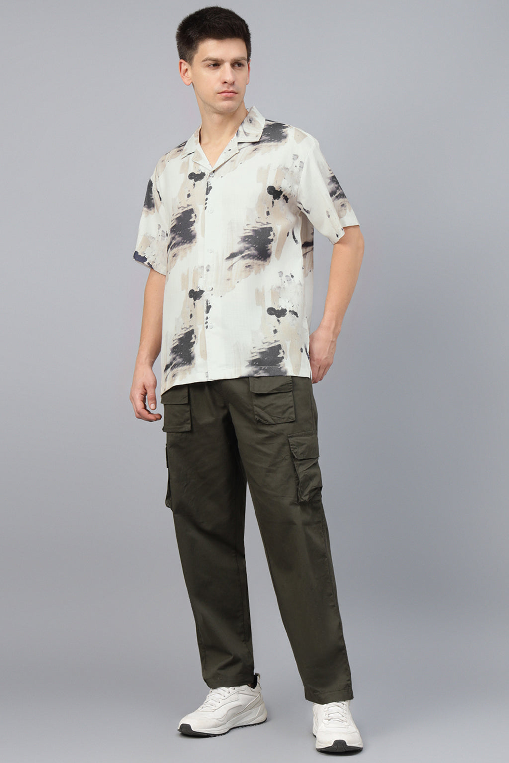 Beige Camp Collar Printed Oversized Exclusive Shirt