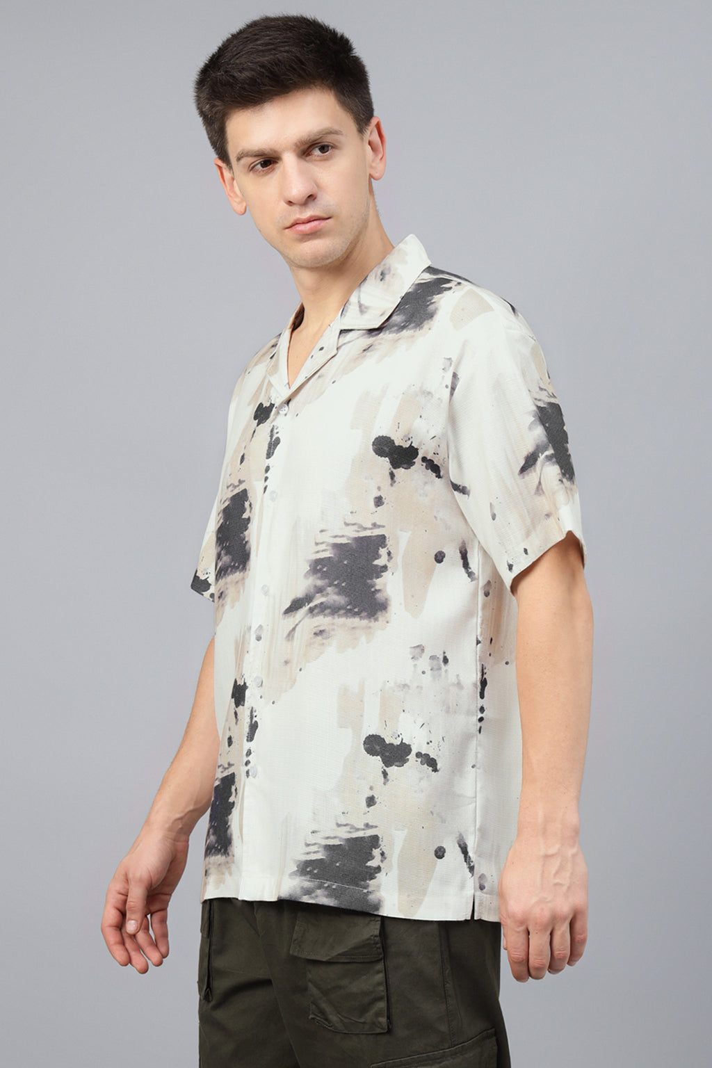 Beige Camp Collar Printed Oversized Exclusive Shirt
