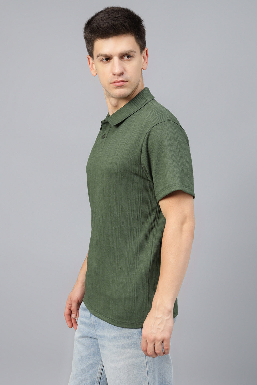 Olive Textured Plain Regular Fit Button Polo Exclusive T-shirt
