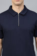Navy Textured Plain Regular Fit Zipper Polo Exclusive T-shirt