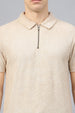 Beige Jacquard Plain Regular Fit Zipper Polo Exclusive T-shirt