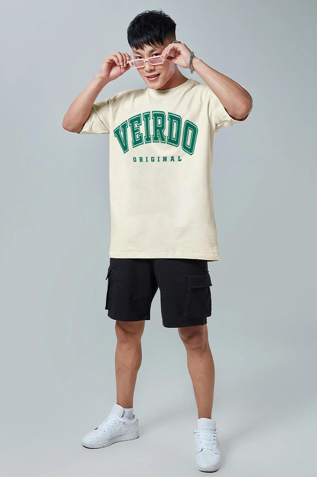 Veirdo Original Beige Oversized Typography Brand Printed Tshirt