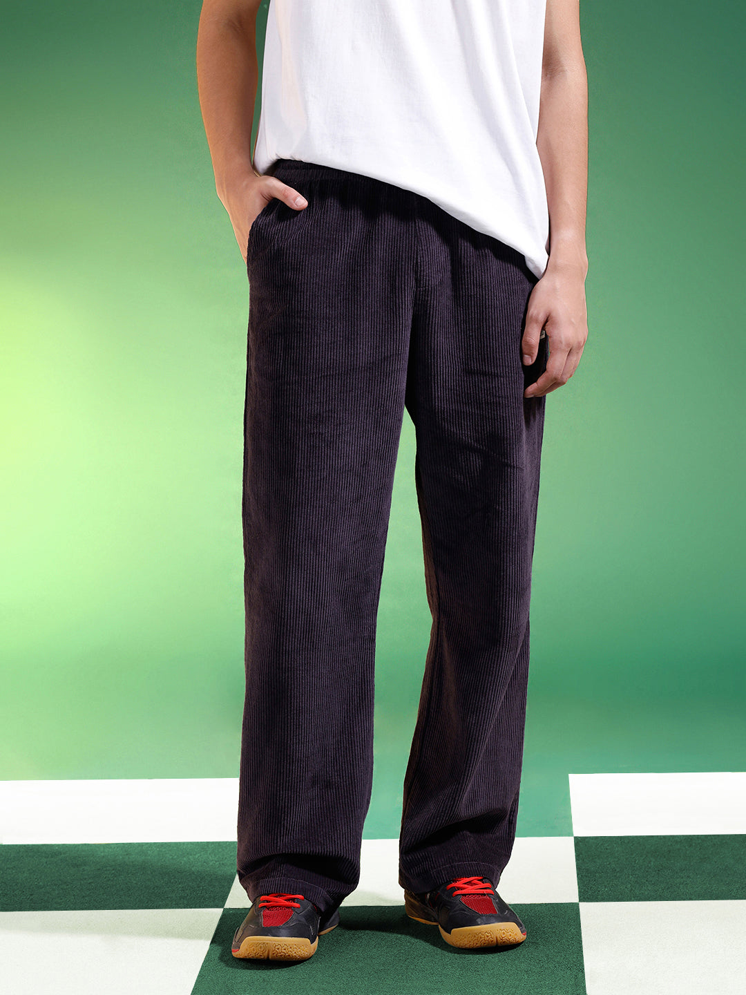 Dark Grey Lining Pattern Plain Corduroy Pants
