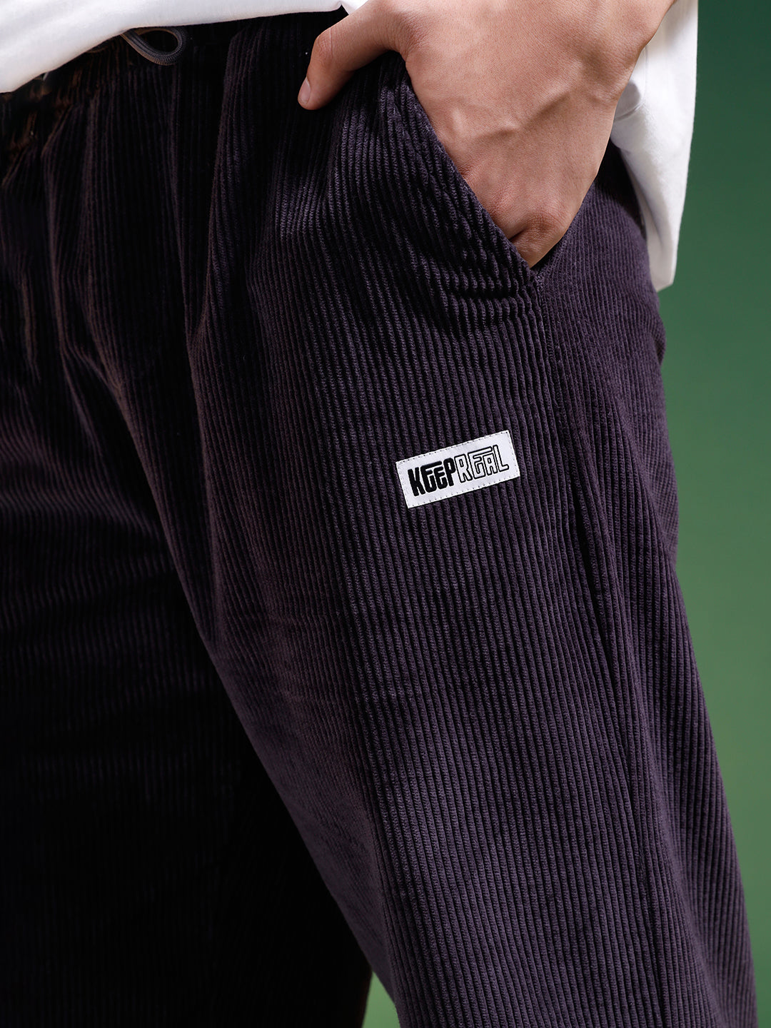 Dark Grey Lining Pattern Plain Corduroy Pants