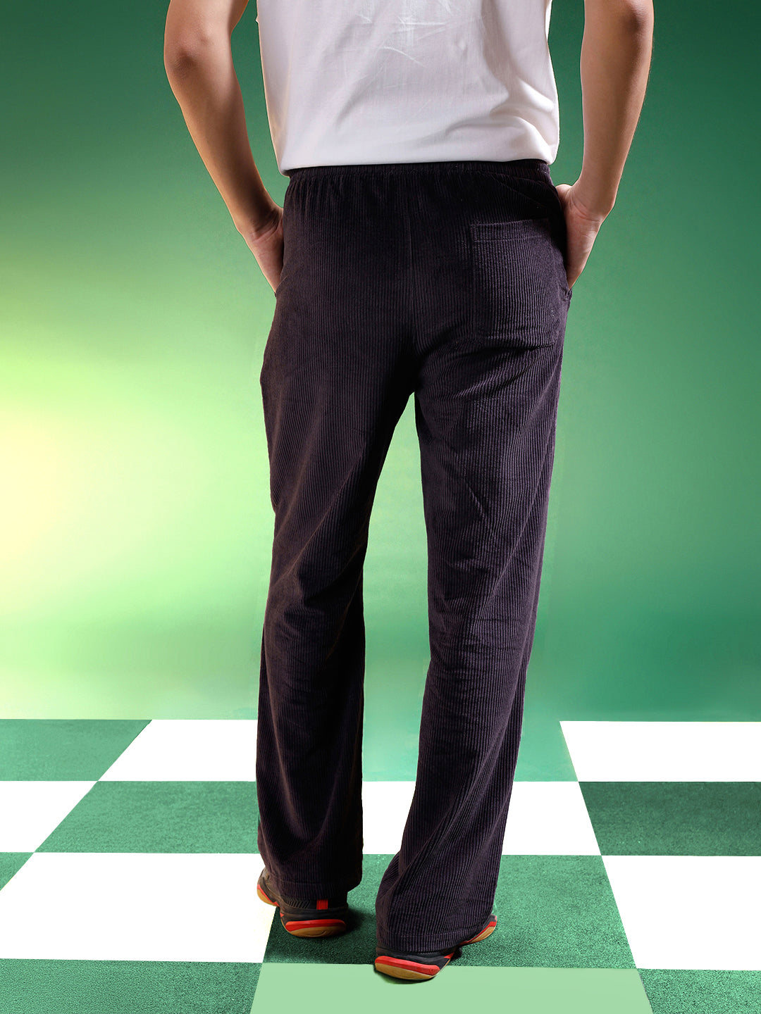 Dark Grey Lining Pattern Plain Corduroy Pants