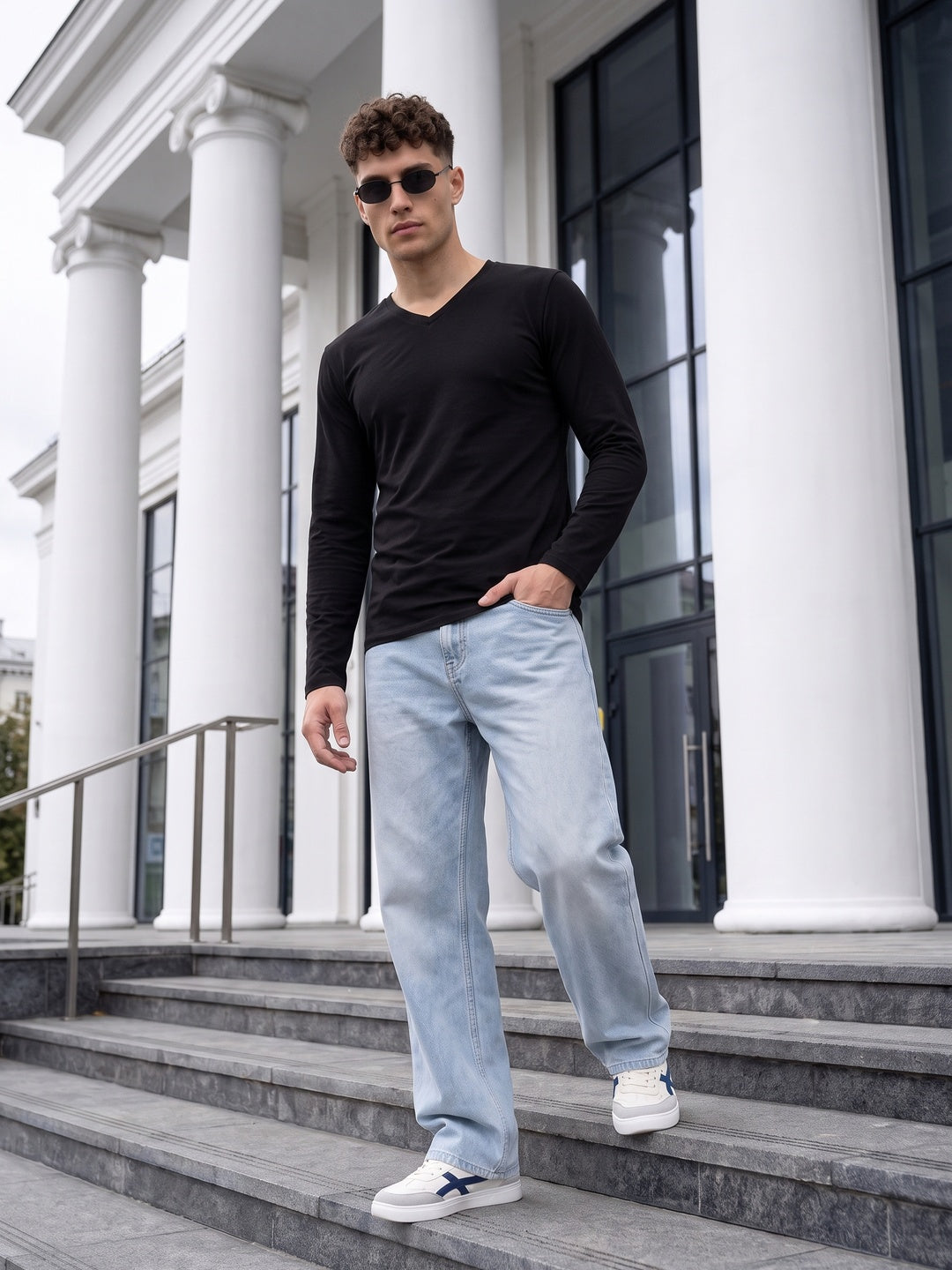 Black Plain Full Sleeves V-Neck Regular Fit T-shirt