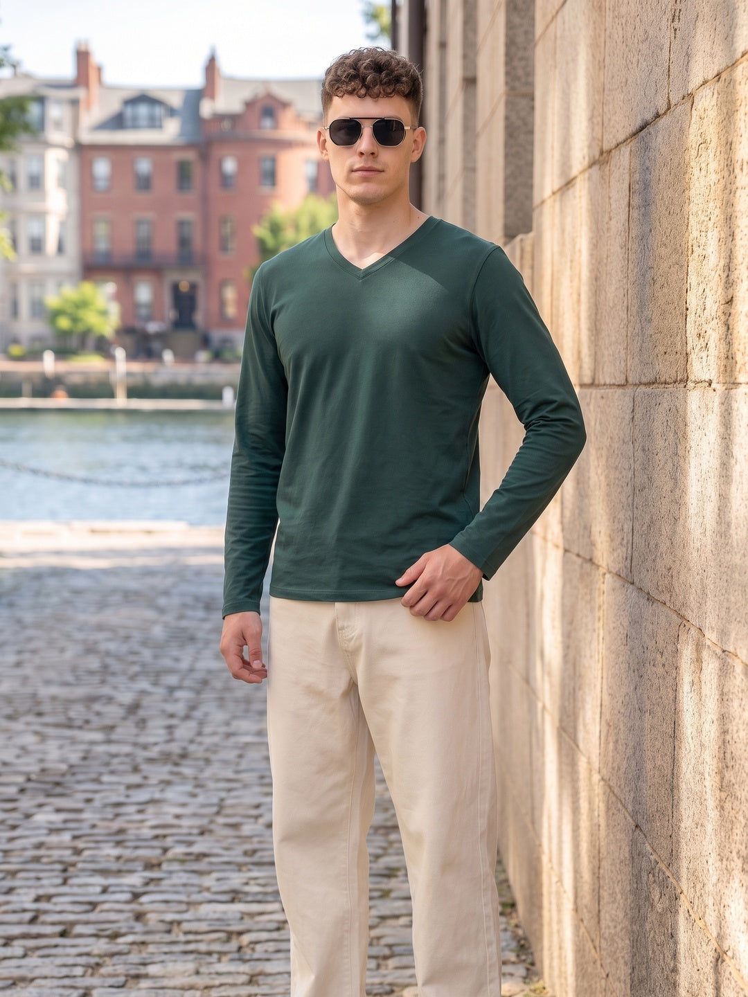 Green Plain Full Sleeves V-Neck Regular Fit T-shirt