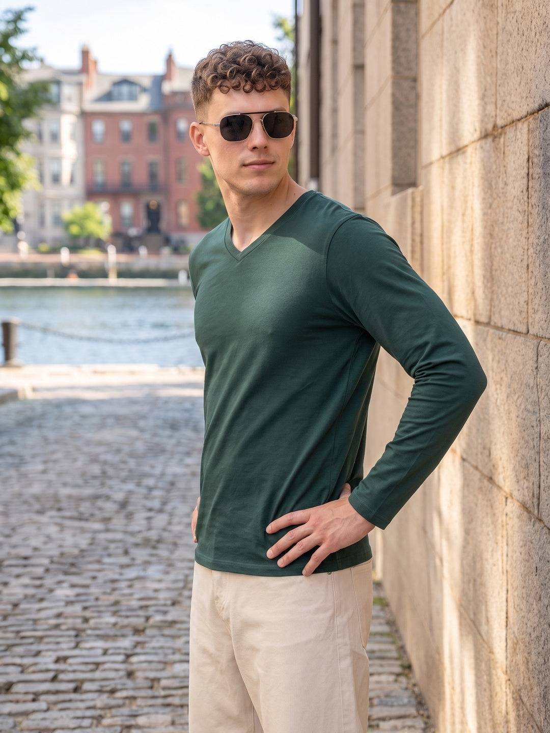 Green Plain Full Sleeves V-Neck Regular Fit T-shirt